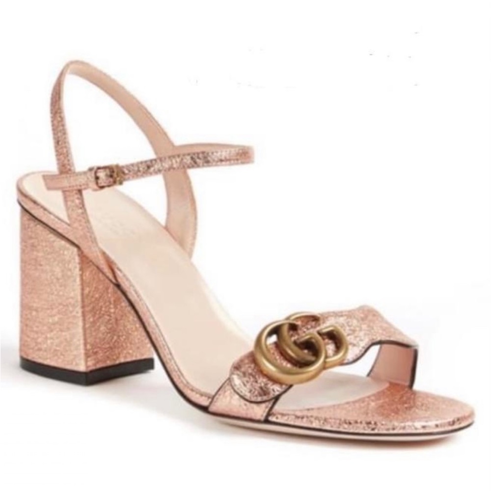 GUCCI new in box rose gold marmont ankle strap heel sandals 37+ 7.5 AUTHENTIC